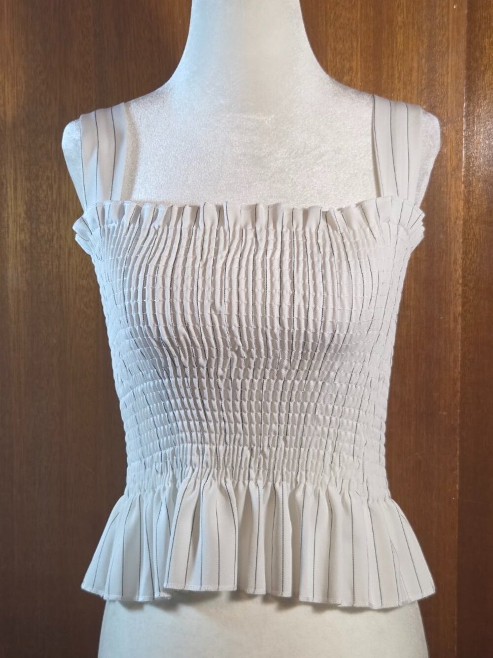 White & Black Pinstripe Smocked Peplum Cami Top - Size S